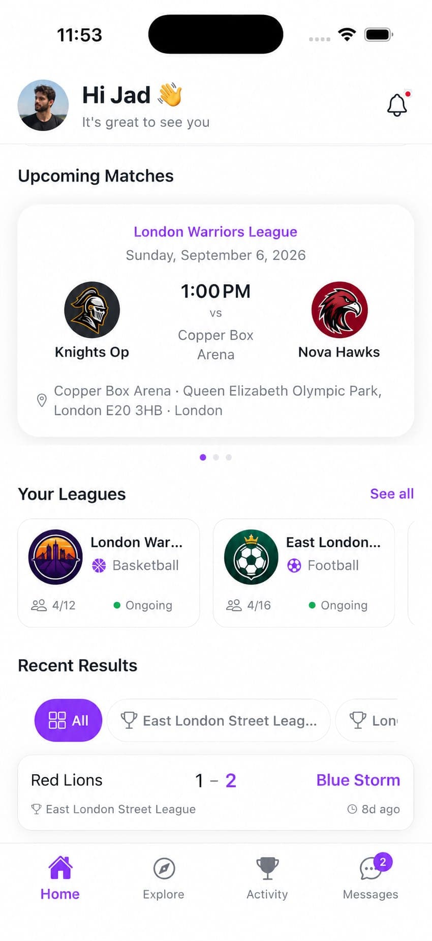 LEAGX home screen with upcoming matches and your leagues
