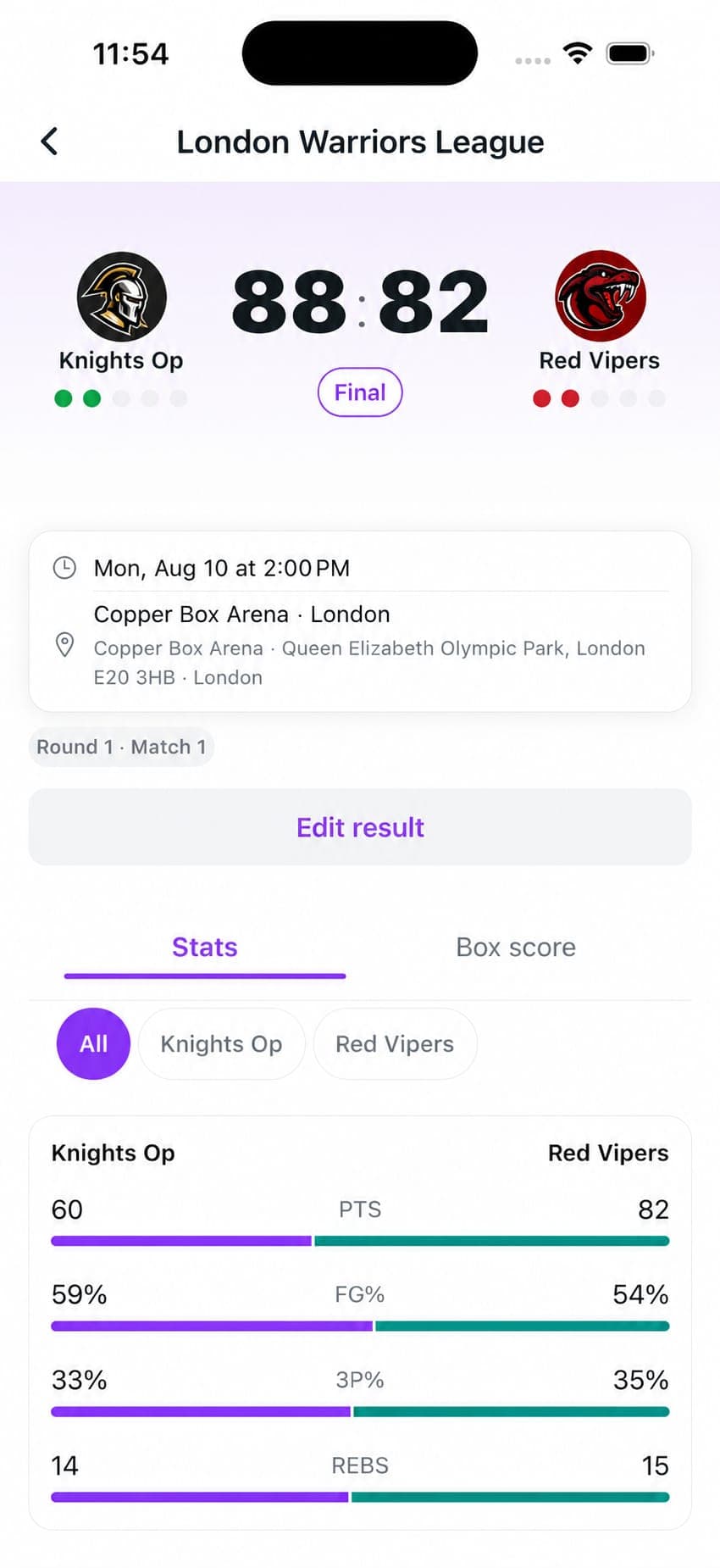 LEAGX match scores and game statistics